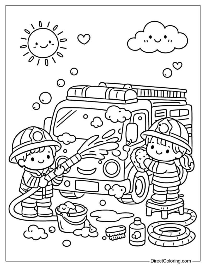 Cartoon children washing a fire truck with a hose