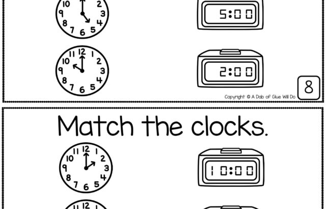Clock-matching worksheet with analog and digital clocks