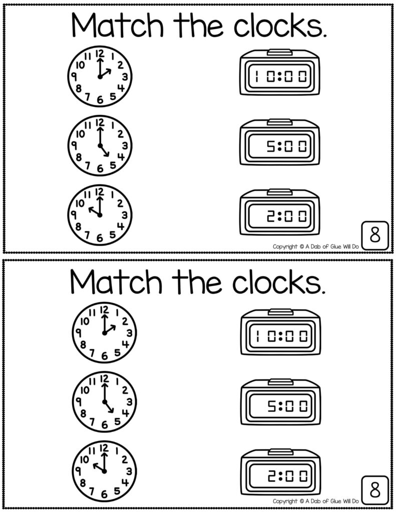 Clock-matching worksheet with analog and digital clocks