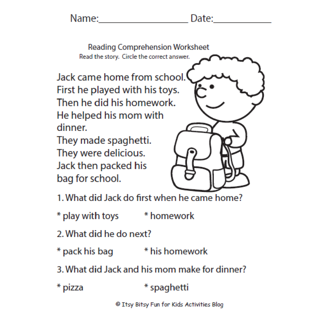 Reading comprehension worksheet with cartoon boy and questions
