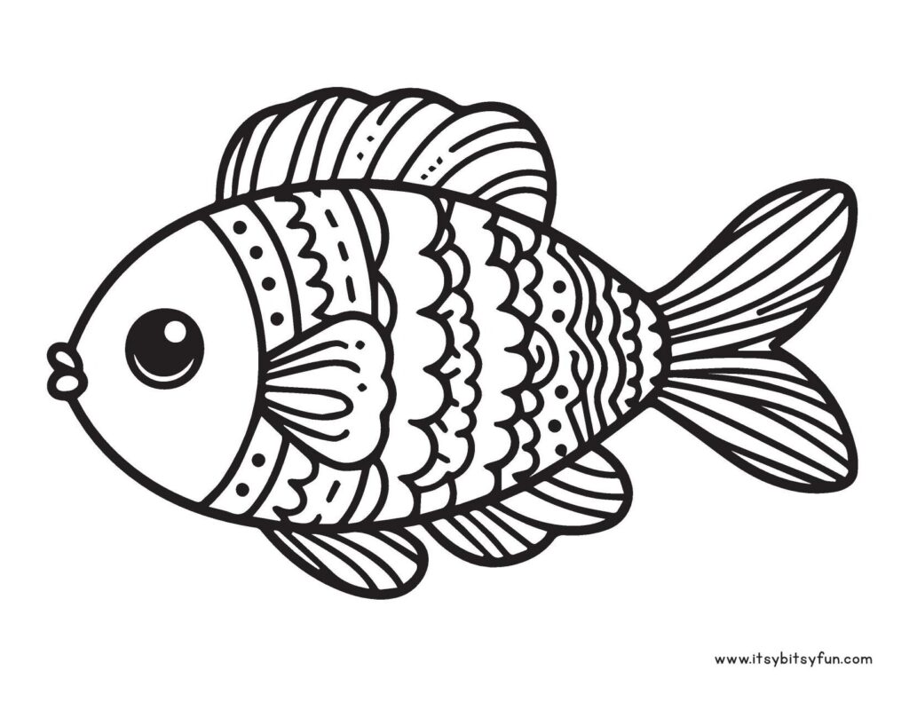 Black-and-white cartoon fish with decorative patterns