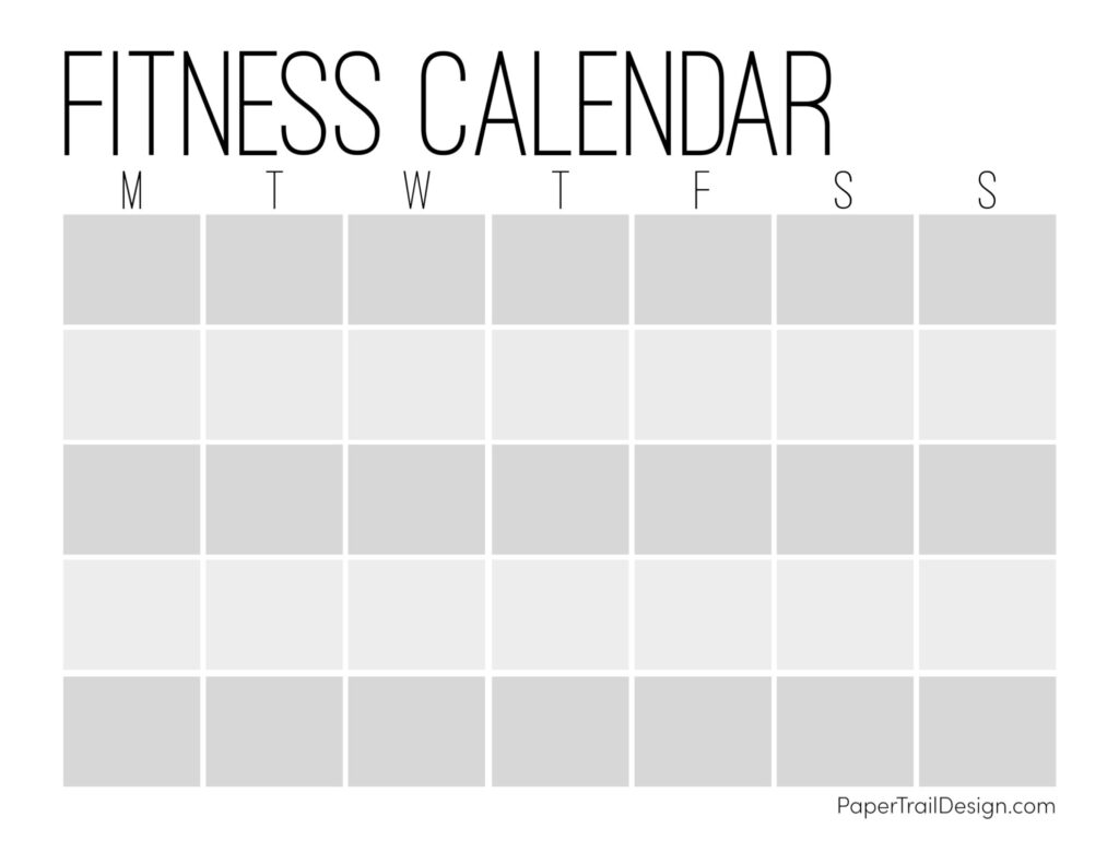 Blank fitness calendar template with gray weekly grid boxes