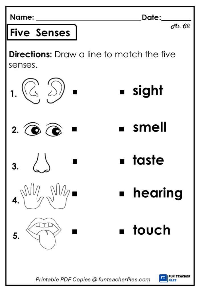 Five senses worksheet with icons and matching words
