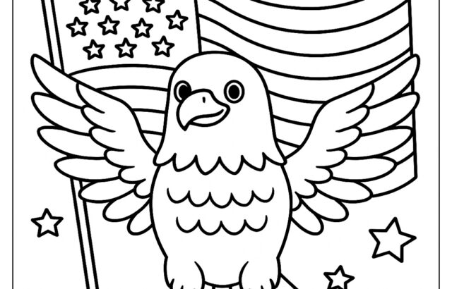 Coloring page of eagle before American flag and stars