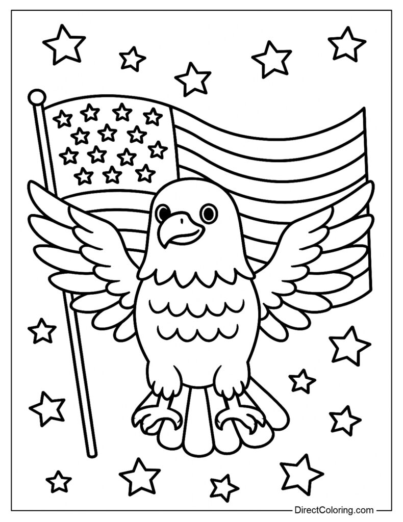 Coloring page of eagle before American flag and stars