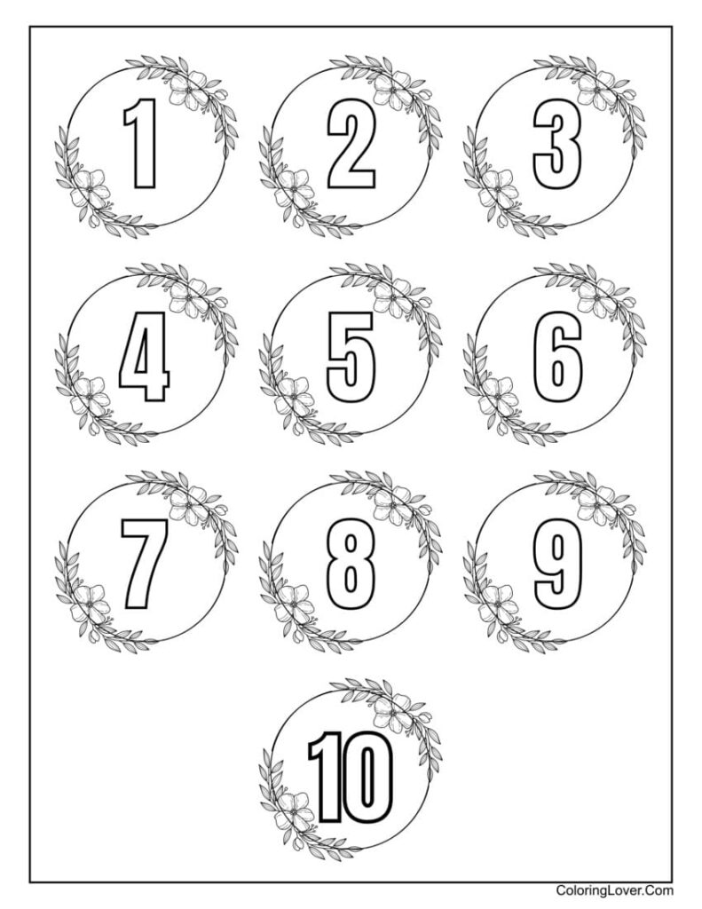 Coloring page with numbered floral wreaths one to ten