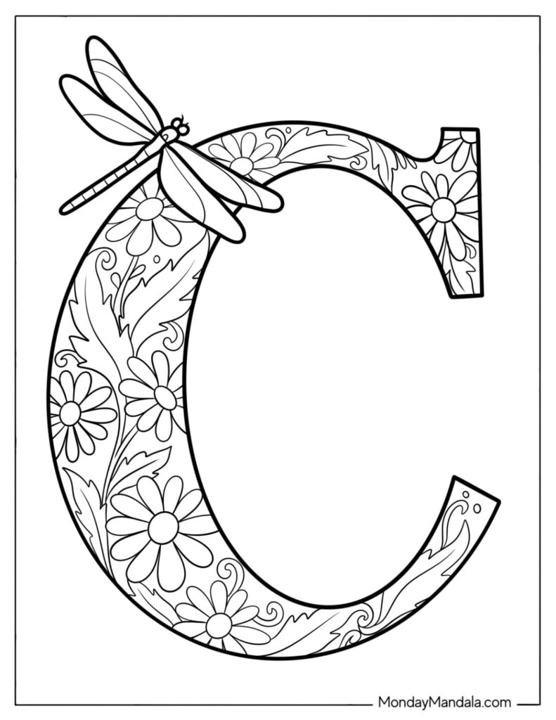 Decorative floral letter C with dragonfly outline