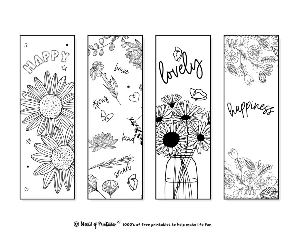 Four black-and-white floral bookmark designs on white background