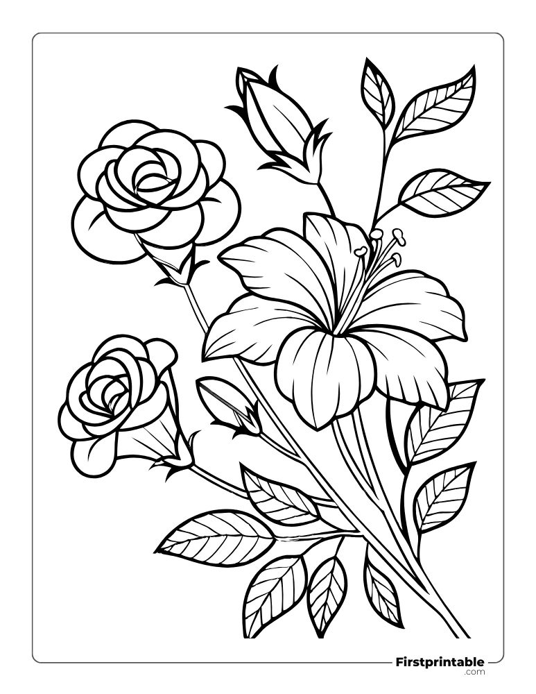 Black-and-white floral coloring page with three flowers and leaves