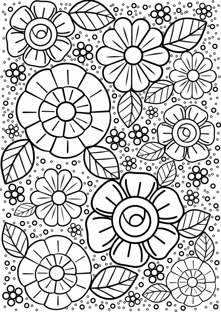 Black-and-white floral coloring page with leaves and dots