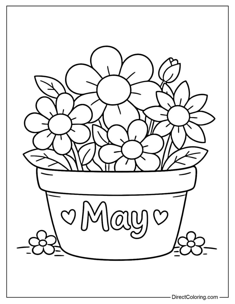 Black-and-white flower pot drawing labeled May