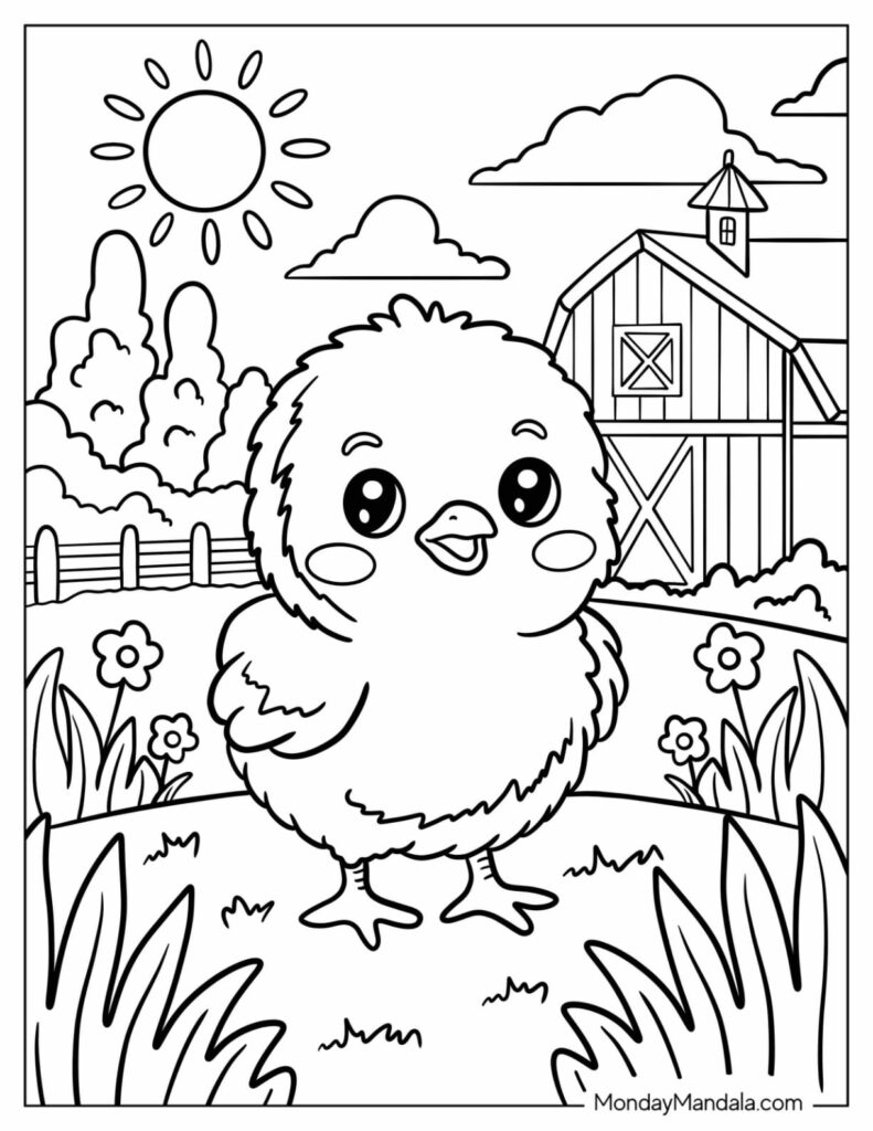 Cute chick standing in a farmyard coloring page