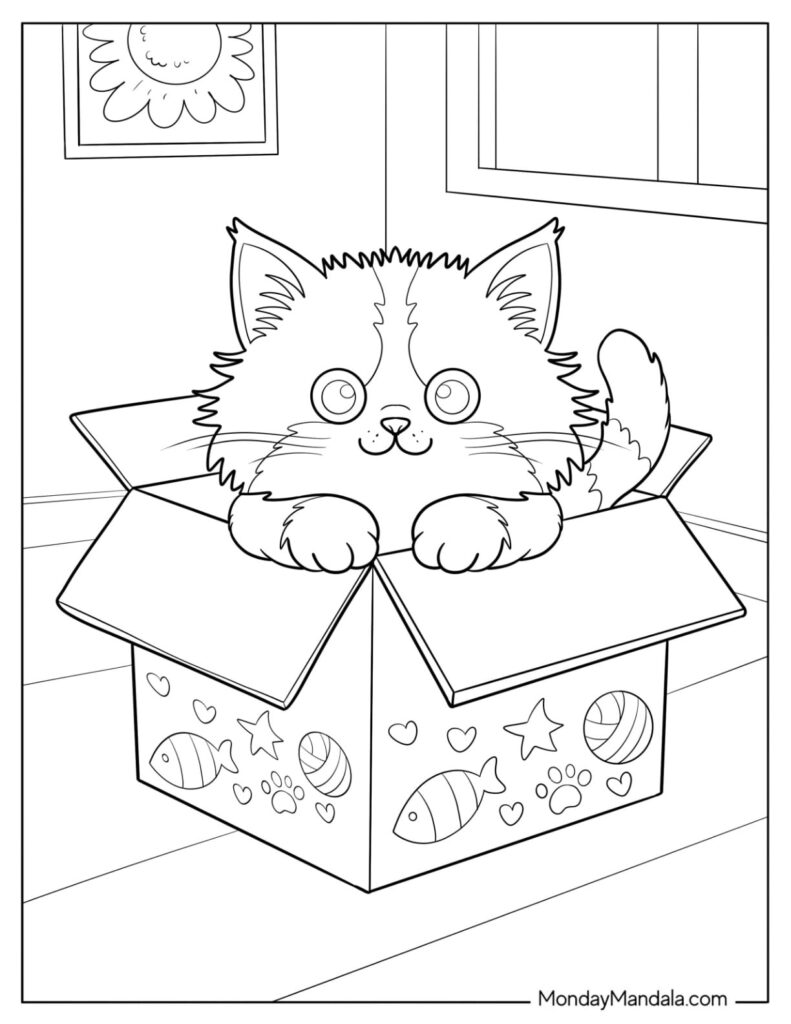 Kitten sitting in decorated cardboard box indoors