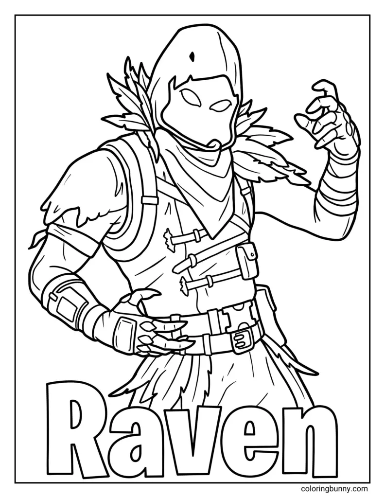 Black-and-white coloring page of masked character Raven posing