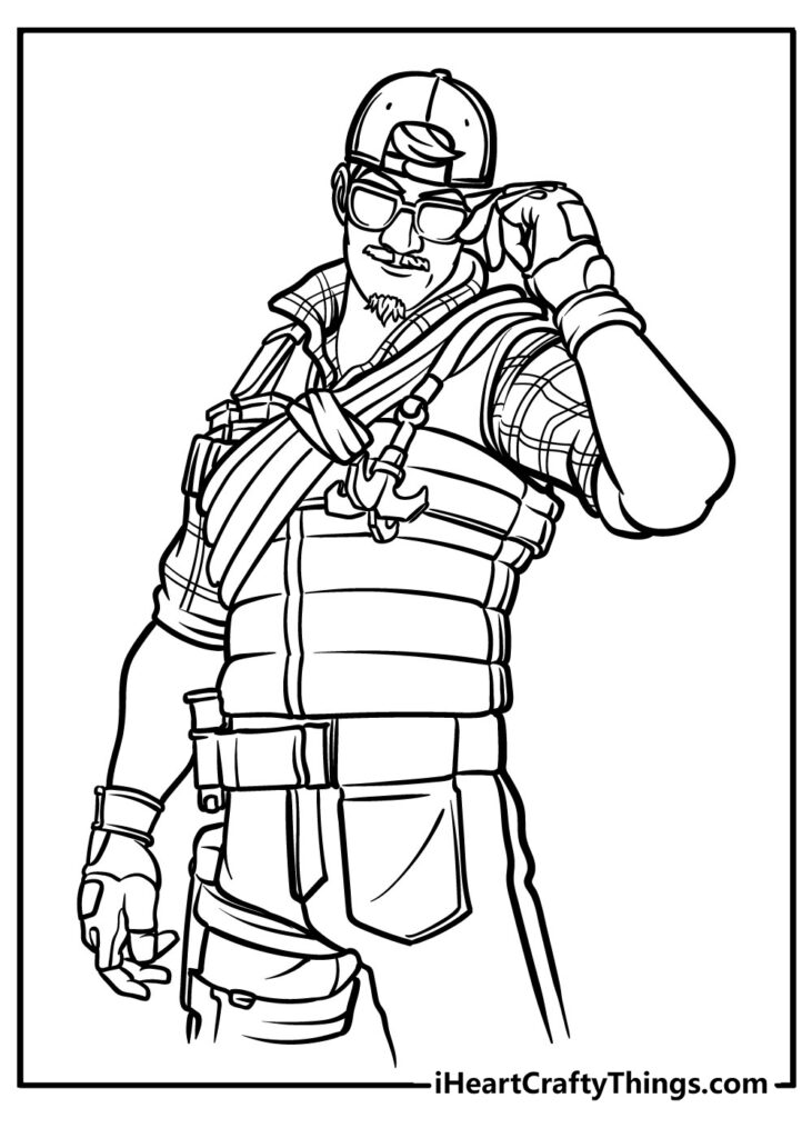 Line drawing of a man in tactical gear and cap