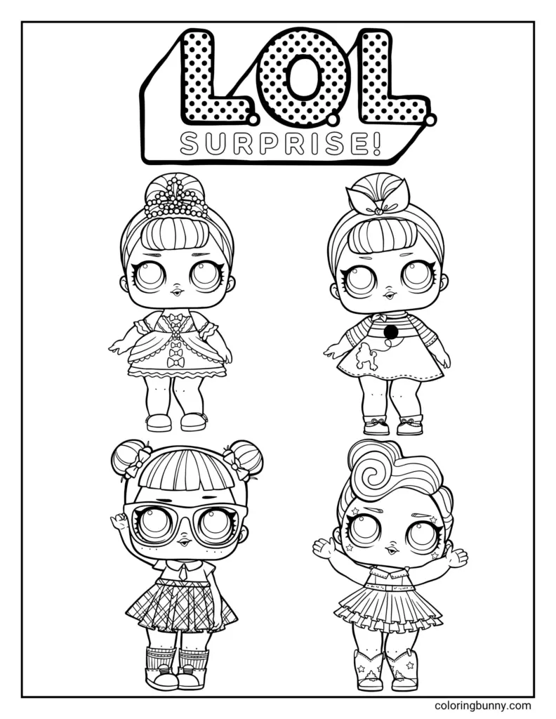 Black-and-white LOL Surprise dolls coloring page with four dolls