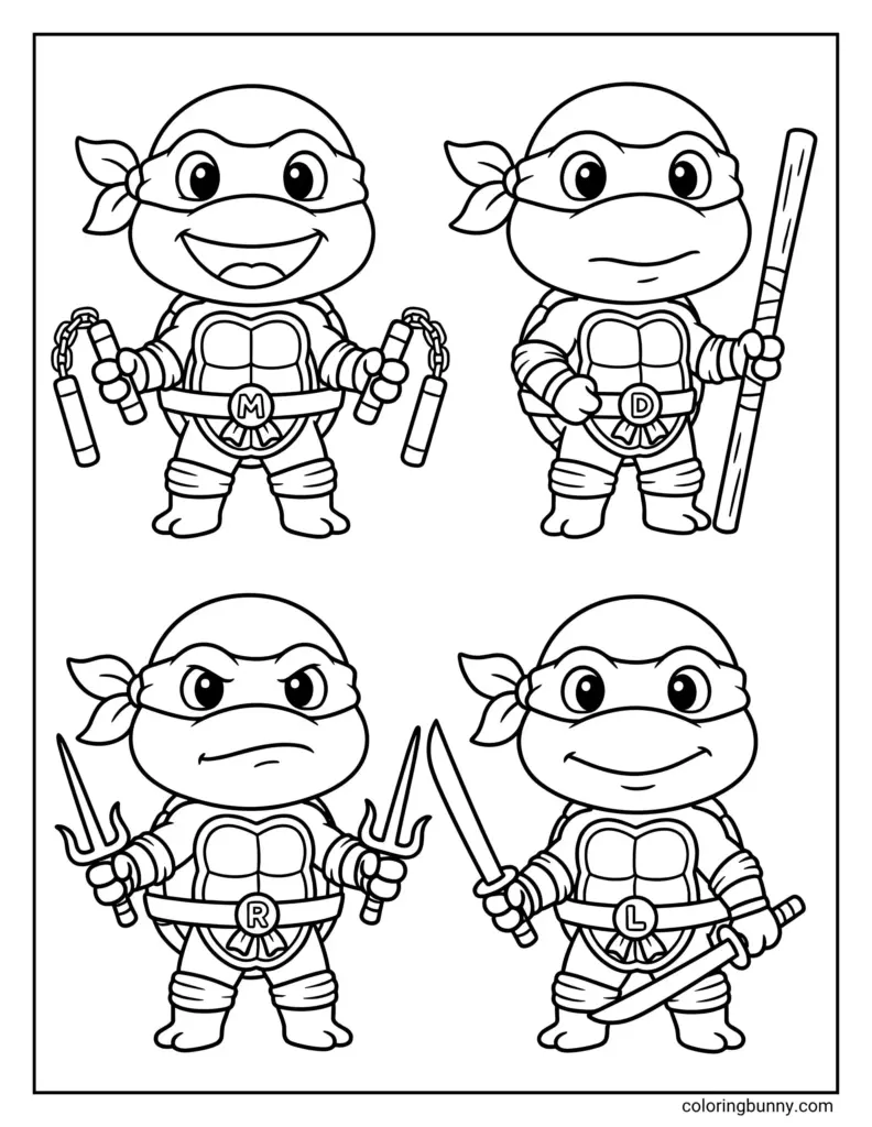 Four cartoon ninja turtles holding weapons on coloring page