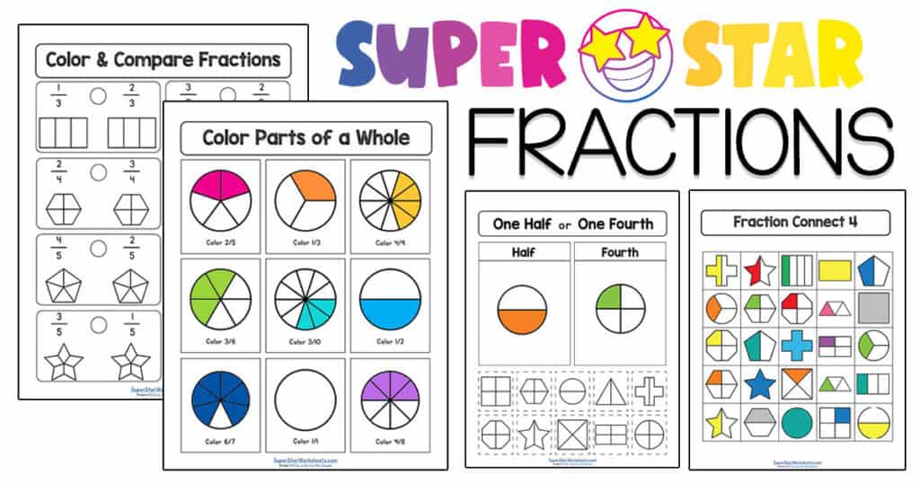 Four fractions worksheets with colorful shapes and titles