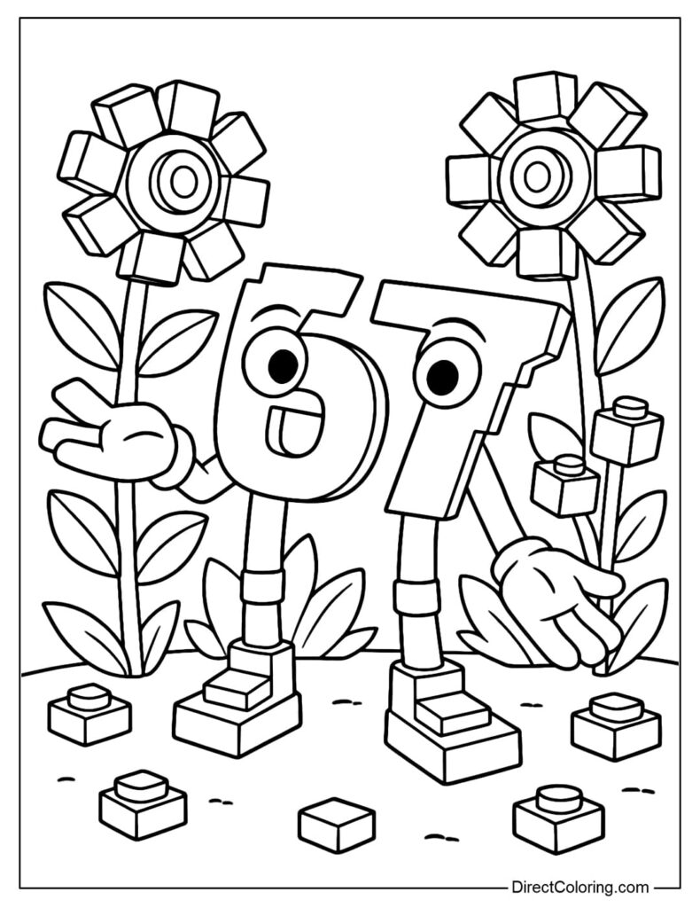 Cartoon number 67 with flowers and blocks