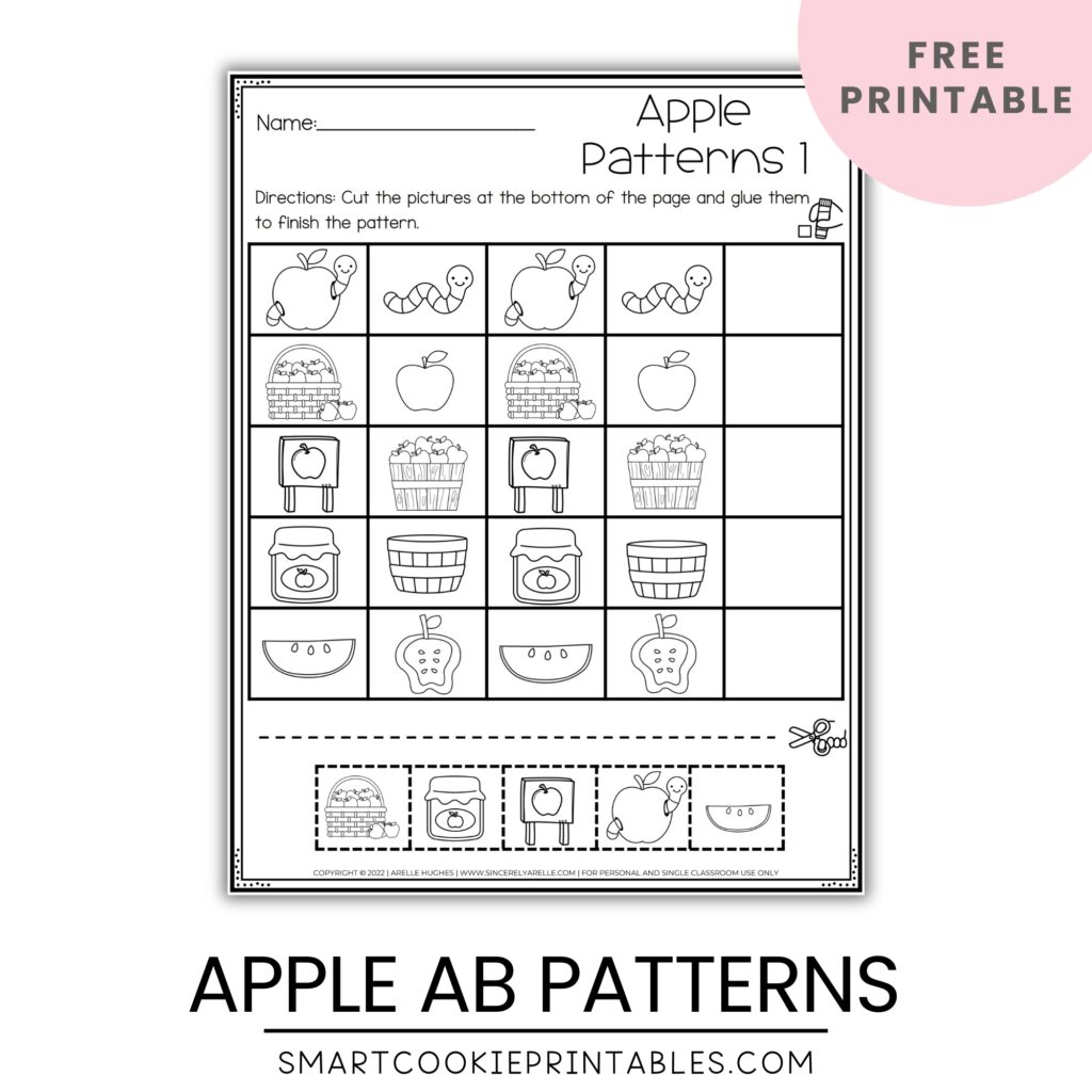 Apple pattern worksheet with cut-and-paste pictures
