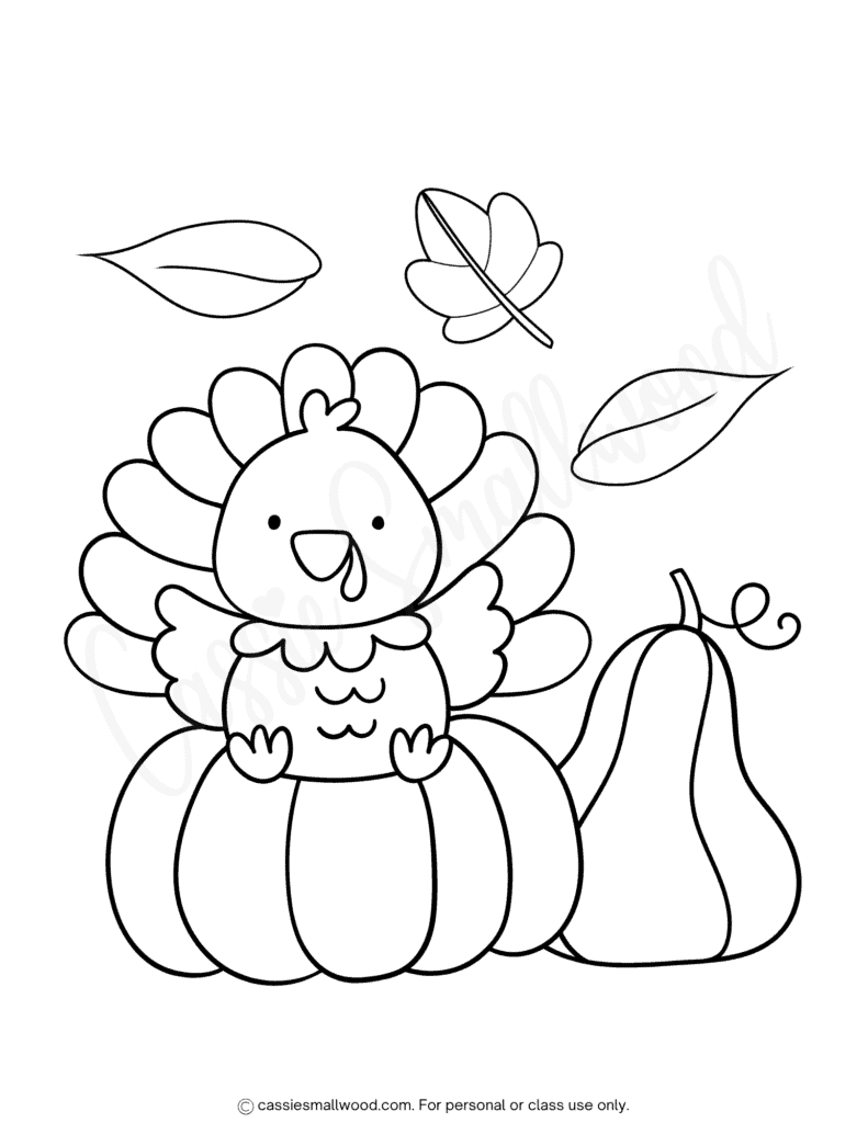 Cartoon turkey sitting on pumpkin, with floating leaves