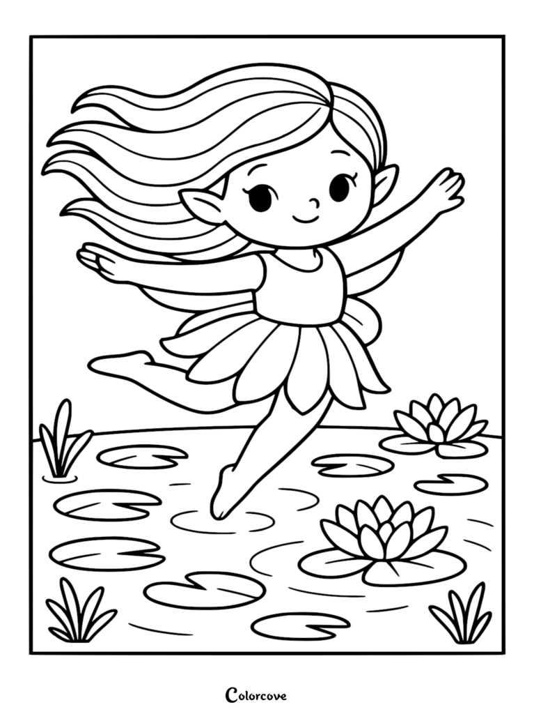 Cartoon fairy dancing above lily pad pond, coloring page