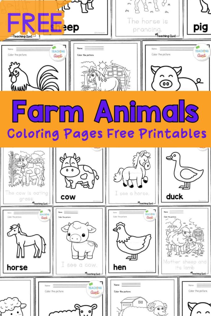 Farm animal coloring pages collage with orange text banner