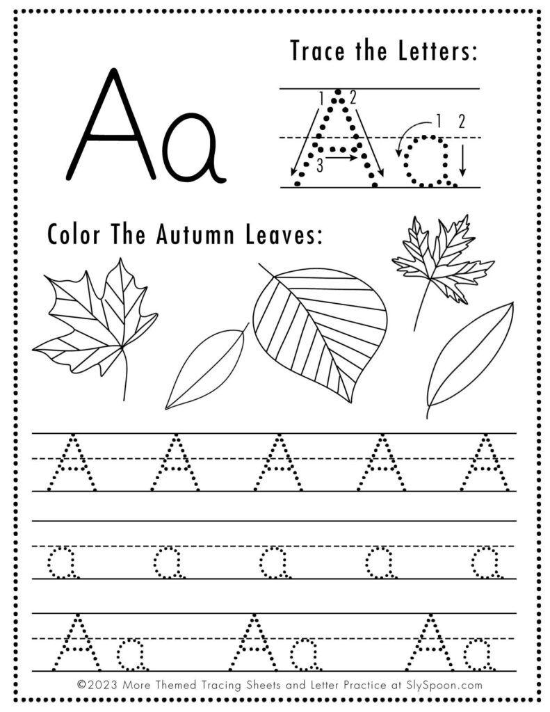 Alphabet tracing worksheet with autumn leaves and letter A.