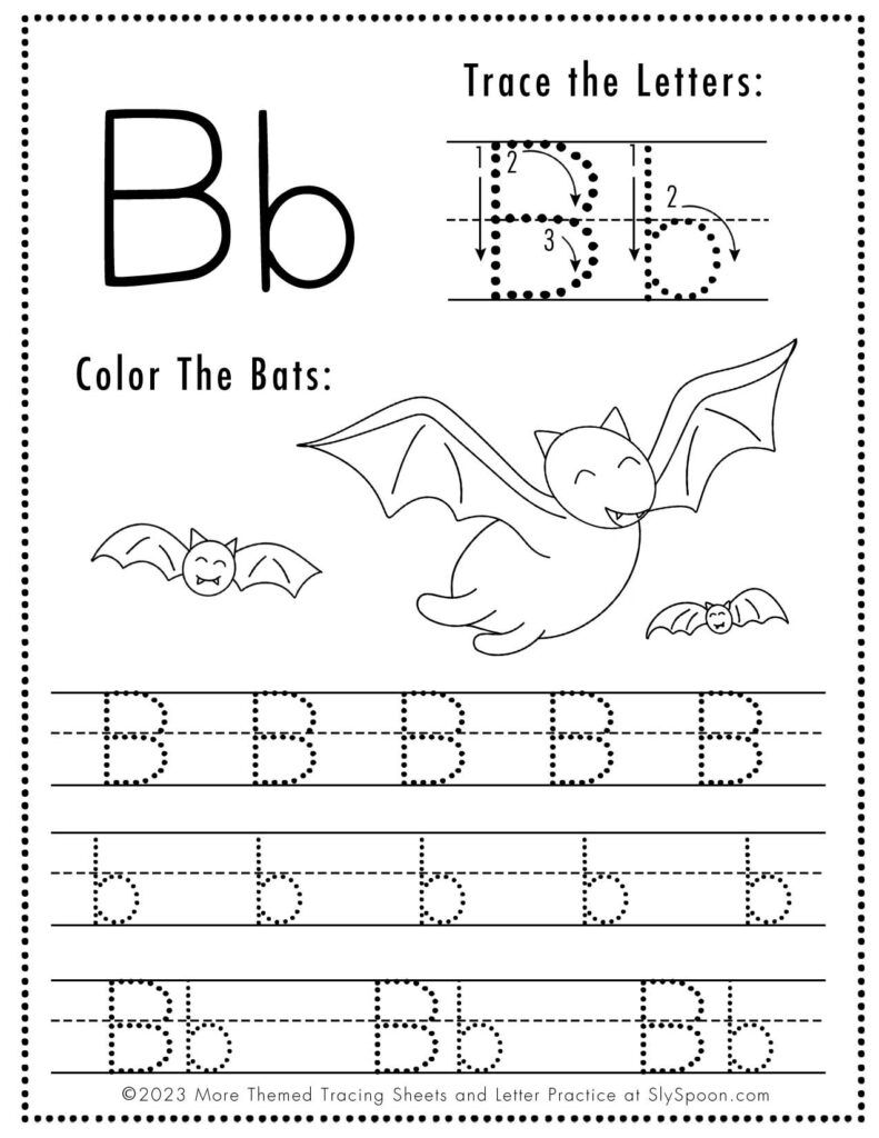 Bat-themed letter tracing worksheet with bats and Bs