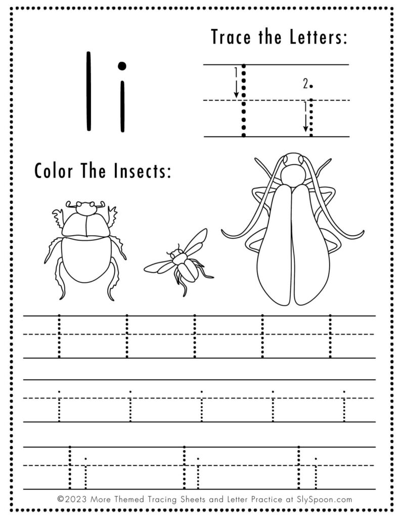 Letter i tracing worksheet with insects to color