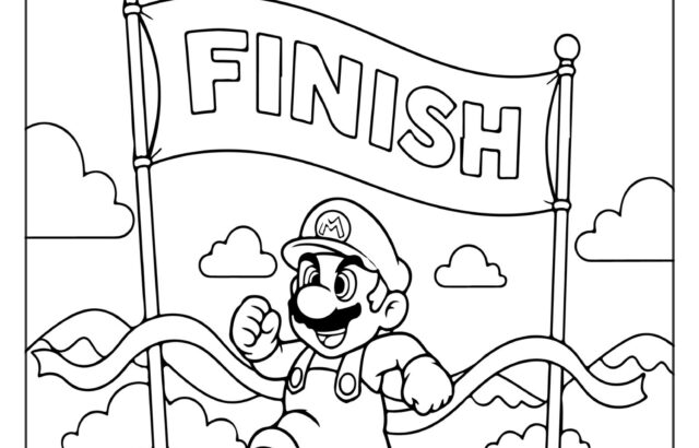 Mario running beneath a finish line banner