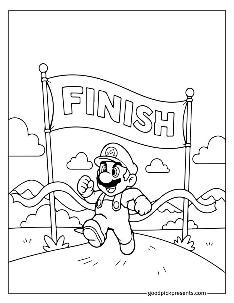 Mario running beneath a finish line banner