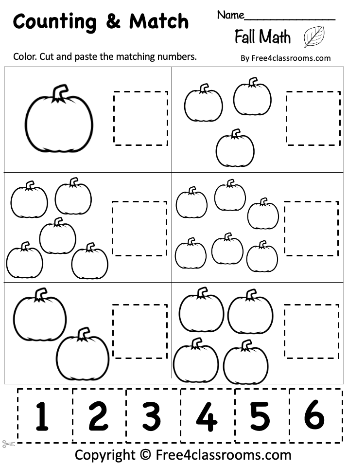 Fall counting worksheet with pumpkins and numbers one to six