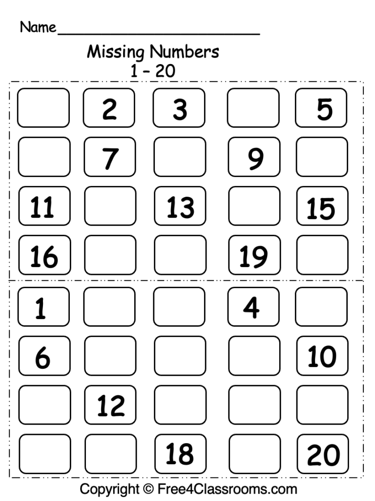 Missing numbers worksheet with numbered boxes 1 to 20