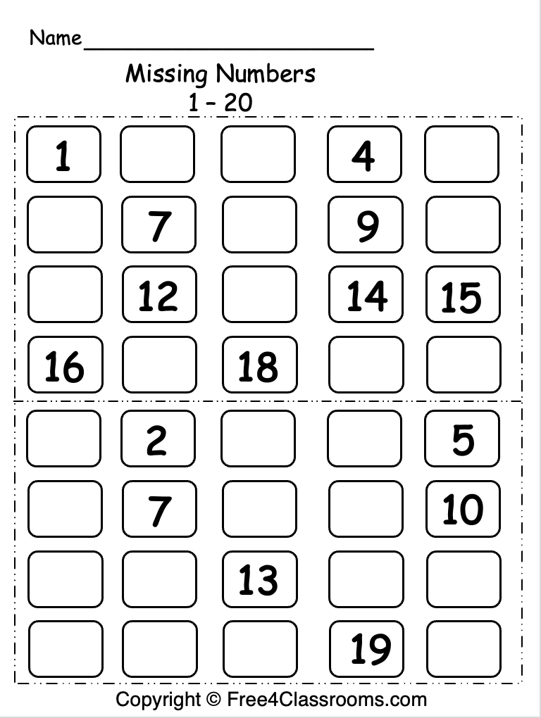 Missing numbers 1–20 worksheet with empty boxes