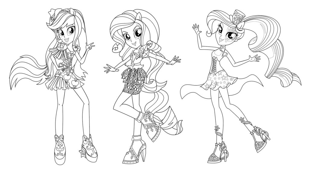 Three cartoon girls in decorative outfits on white background