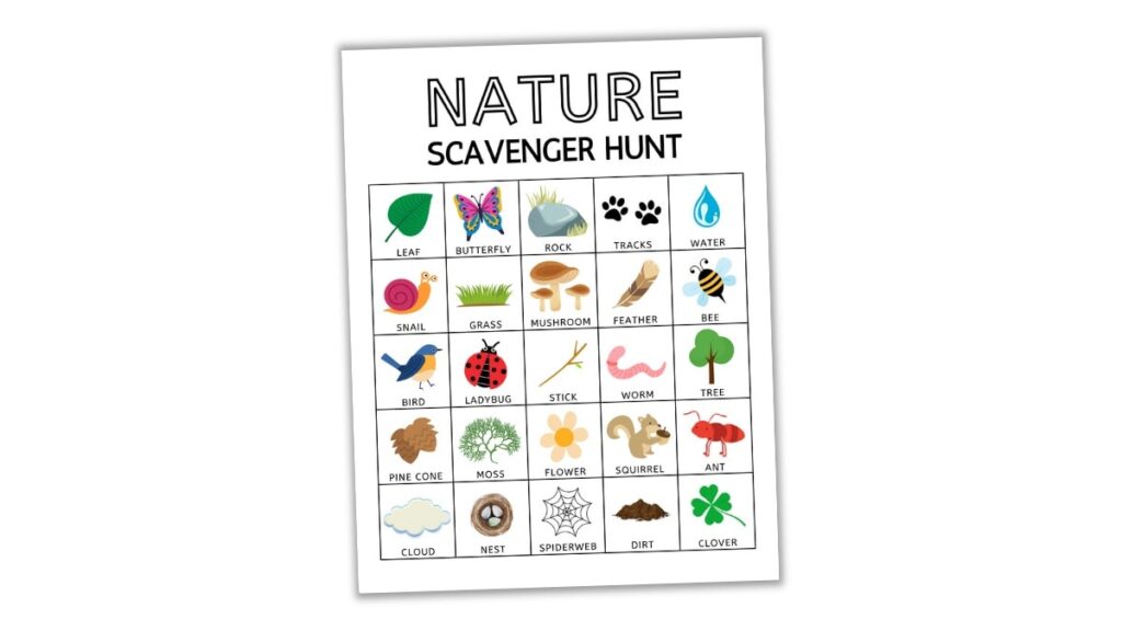 Nature scavenger hunt worksheet with illustrated grid