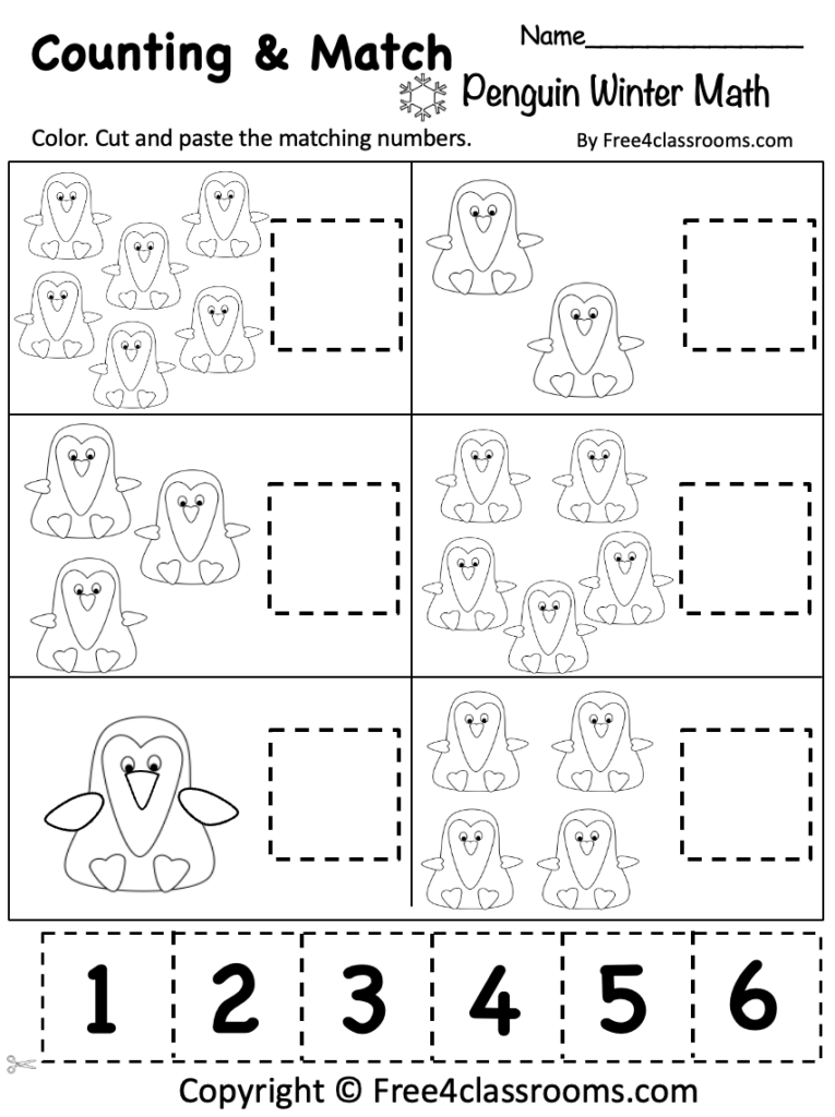 Penguin counting worksheet with six number boxes and dashed cutouts