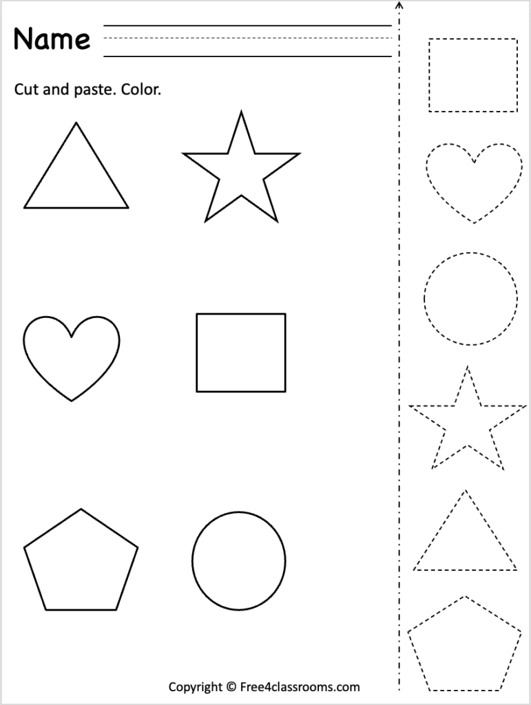 Worksheet with shapes to cut, paste, and color