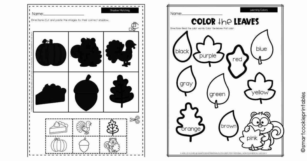 Two printable fall worksheets with leaf coloring and shadows