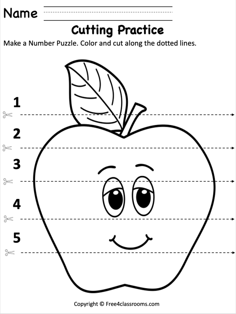 Apple cutting practice worksheet with numbered dotted lines