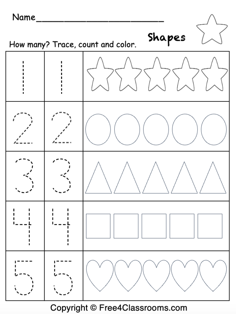 Printable counting worksheet with shapes and traced numbers