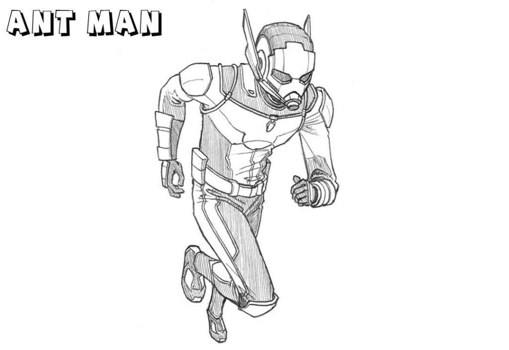 Black-and-white drawing of Ant-Man running