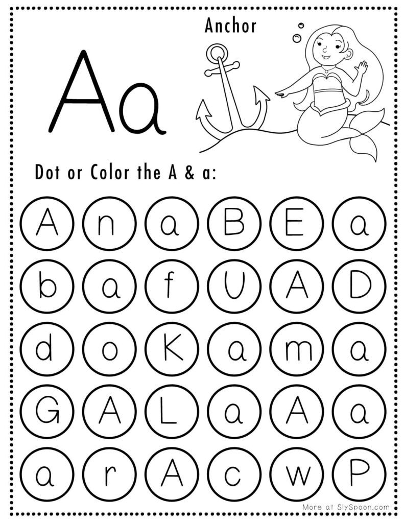 Alphabet worksheet with A, a, and anchor illustration