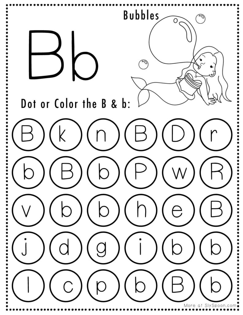 Bubbles letter B worksheet with circles and mermaid