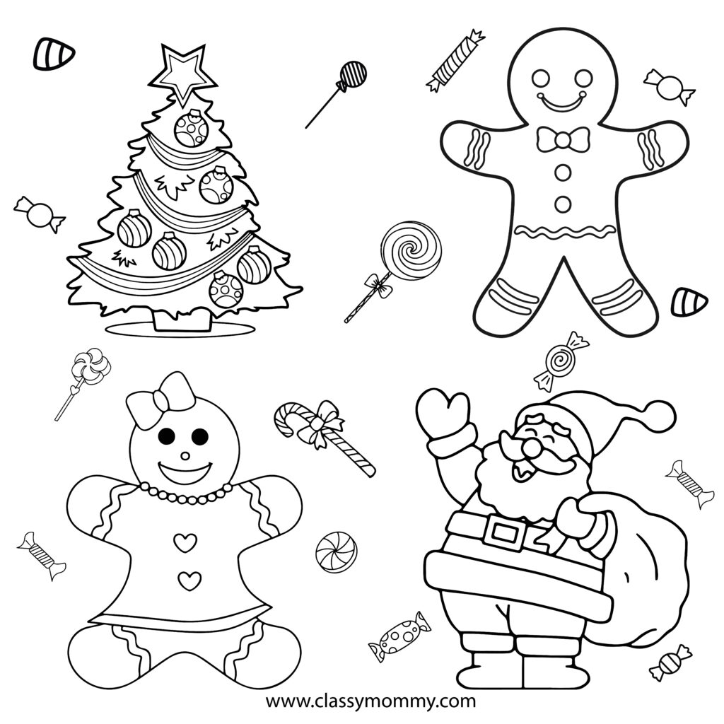 Christmas coloring page with tree, gingerbread, and Santa