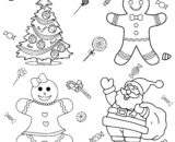 Christmas coloring page with tree, gingerbread, and Santa