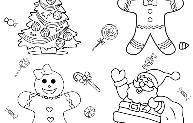 Christmas coloring page with tree, gingerbread, and Santa