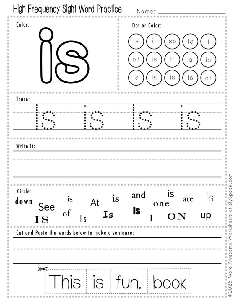 Sight word practice worksheet for “is
