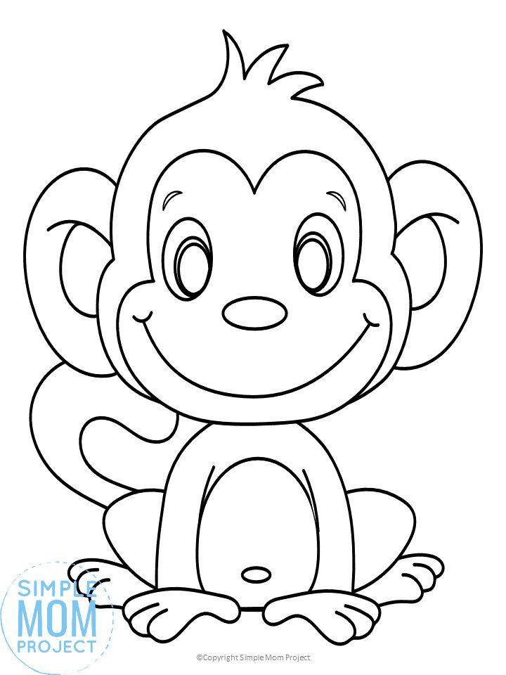 Smiling cartoon monkey coloring page outline, seated front view
